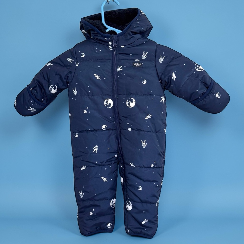 OshKosh B’gosh Navy Space Print Puffer Snowsuit Infant 6-9 Months Winter Cozy